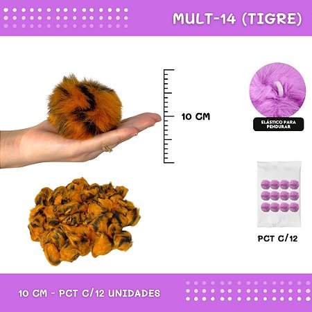 Pom Pom Pelucia - 100mm (10Cm) - Pct C/12 Unid. COR: MULT-14 (TIGRE)