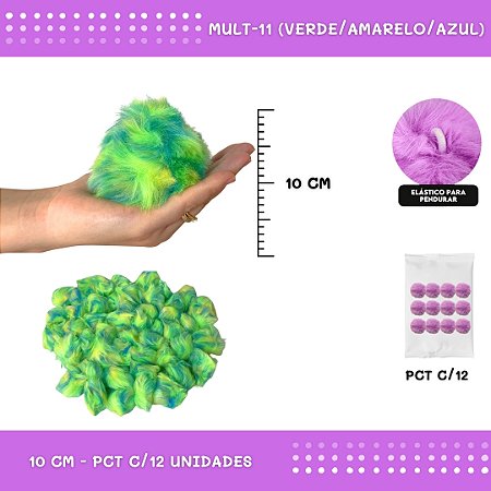 Pom Pom Pelucia - 100mm (10Cm) - Pct C/12 Unid. COR: MULT-11 (VERDE/AMARELO/AZUL)