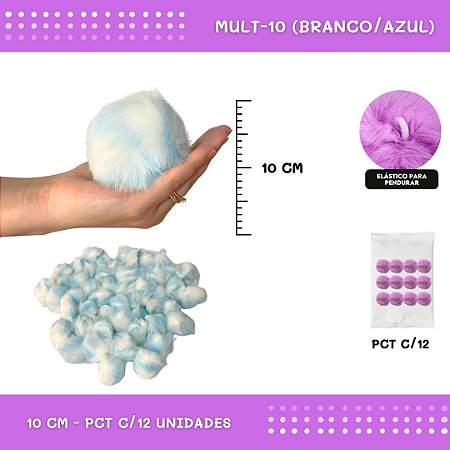 Pom Pom Pelucia - 100mm (10Cm) - Pct C/12 Unid. COR: MULT-10 (BRANCO/AZUL)