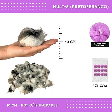 Pom Pom Pelucia - 100mm (10Cm) - Pct C/12 Unid. COR: MULT-08 (PRETO E BRANCO)