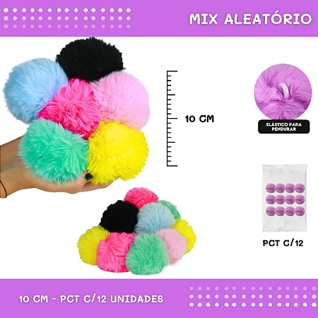 Pom Pom Pelucia - 100mm (10Cm) - Pct C/12 Unid. COR: MIX-DE-CORES