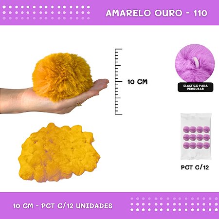 Pom Pom Pelucia - 100mm (10Cm) - Pct C/12 Unid. COR: AMARELO-OURO-110