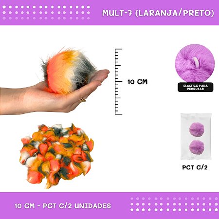 Pom Pom Pelucia - 100mm (10Cm) - Pct C/2 Unid. COR: MULT-7 (LARANJA/PRETO)