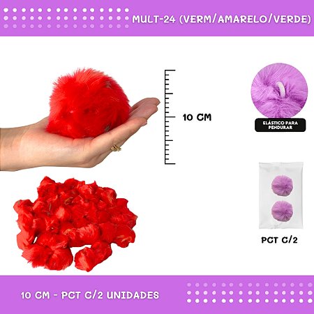 Pom Pom Pelucia - 100mm (10Cm) - Pct C/2 Unid. COR: MULT-24 (VERM/AMARELO/VERDE)
