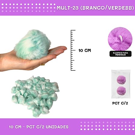 Pom Pom Pelucia - 100mm (10Cm) - Pct C/2 Unid. COR: MULT-23 (BRANCO/VERDEBB)