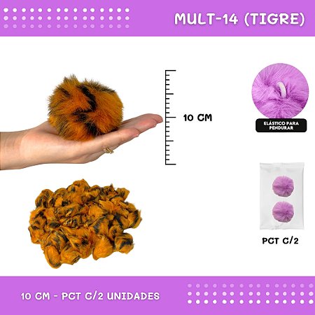 Pom Pom Pelucia - 100mm (10Cm) - Pct C/2 Unid. COR: MULT-14 (TIGRE)