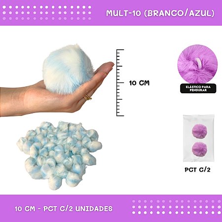 Pom Pom Pelucia - 100mm (10Cm) - Pct C/2 Unid. COR: MULT-10 (BRANCO/AZUL)