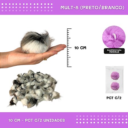 Pom Pom Pelucia - 100mm (10Cm) - Pct C/2 Unid. COR: MULT-08 (PRETO E BRANCO)