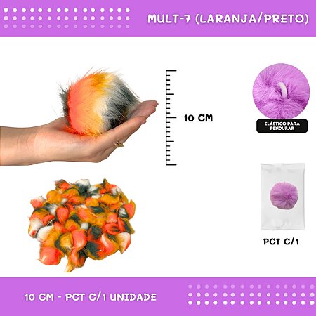 Pom Pom Pelucia - 100mm (10Cm) - Unidade COR: MULT-7 (LARANJA/PRETO)