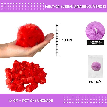 Pom Pom Pelucia - 100mm (10Cm) - Unidade COR: MULT-24 (VERM/AMARELO/VERDE)