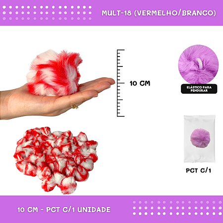 Pom Pom Pelucia - 100mm (10Cm) - Unidade COR: MULT-18 (VERMELHO/BRANCO)