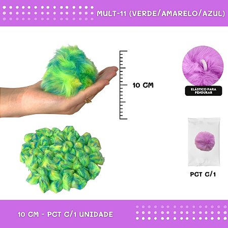 Pom Pom Pelucia - 100mm (10Cm) - Unidade COR: MULT-11 (VERDE/AMARELO/AZUL)