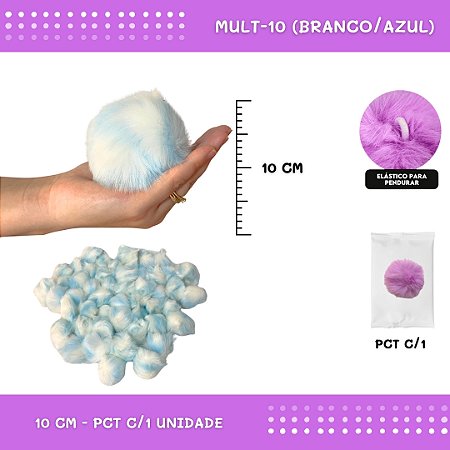 Pom Pom Pelucia - 100mm (10Cm) - Unidade COR: MULT-10 (BRANCO/AZUL)