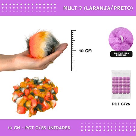 Pom Pom Pelucia C/Elastico - 100mm (10Cm) - Pct C/25 Unid. COR: MULT-7 (LARANJA/PRETO)