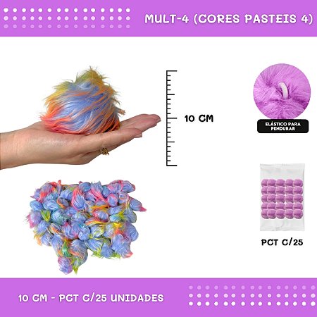 Pom Pom Pelucia C/Elastico - 100mm (10Cm) - Pct C/25 Unid. COR: MULT-4 (CORES PASTEIS 4)