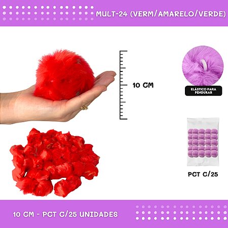 Pom Pom Pelucia C/Elastico - 100mm (10Cm) - Pct C/25 Unid. COR: MULT-24 (VERM/AMARELO/VERDE)