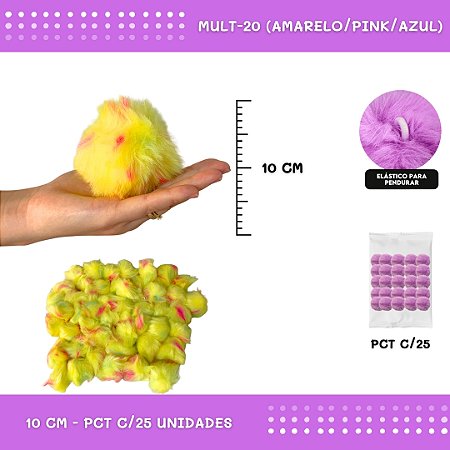 Pom Pom Pelucia C/Elastico - 100mm (10Cm) - Pct C/25 Unid. COR: MULT-20 (AMARELO/PINK/AZUL)