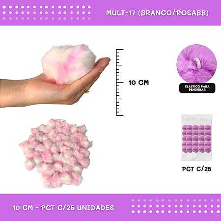 Pom Pom Pelucia C/Elastico - 100mm (10Cm) - Pct C/25 Unid. COR: MULT-17 (BRANCO/ROSABB)