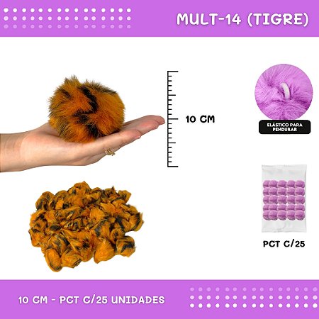 Pom Pom Pelucia C/Elastico - 100mm (10Cm) - Pct C/25 Unid. COR: MULT-14 (TIGRE)