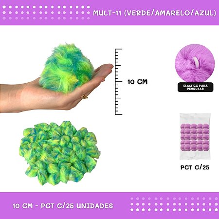 Pom Pom Pelucia C/Elastico - 100mm (10Cm) - Pct C/25 Unid. COR: MULT-11 (VERDE/AMARELO/AZUL)