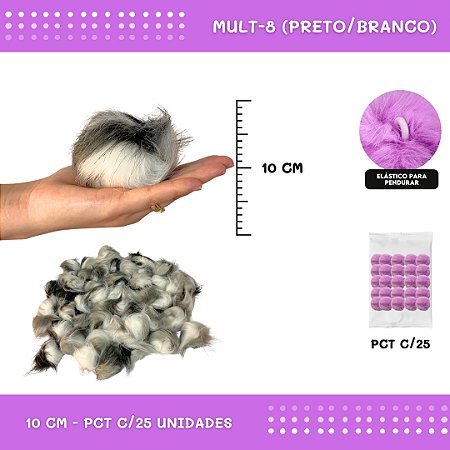 Pom Pom Pelucia C/Elastico - 100mm (10Cm) - Pct C/25 Unid. COR: MULT-08 (PRETO E BRANCO)