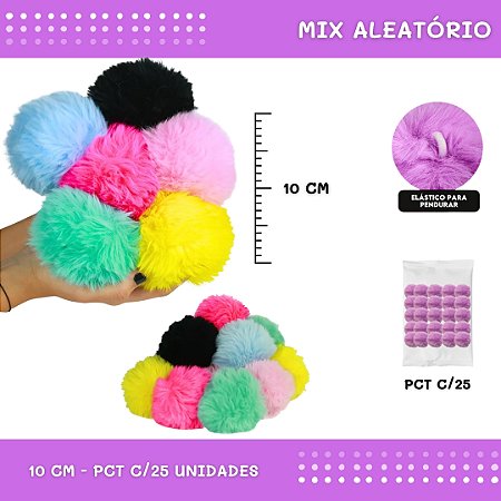 Pom Pom Pelucia C/Elastico - 100mm (10Cm) - Pct C/25 Unid. COR: MIX-DE-CORES