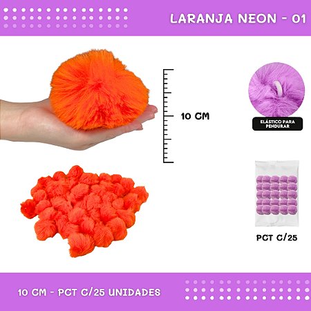 Pom Pom Pelucia C/Elastico - 100mm (10Cm) - Pct C/25 Unid. COR: LARANJA-NEON-01