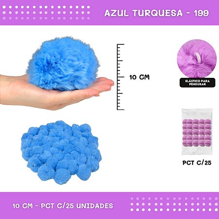Pom Pom Pelucia C/Elastico - 100mm (10Cm) - Pct C/25 Unid. COR: AZUL-TURQUESA-199