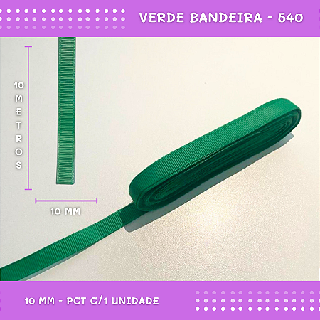 Fita de Gorgurão P/Laços - Nº2 (10mm) - COR:VERDE-BANDEIRA-540