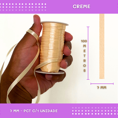 Fita de Cetim Lisa - 7mm - Rolo C/100 Metros COR: CREME