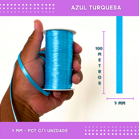 Fita de Cetim Lisa - 7mm - Rolo C/100 Metros COR: AZUL-TURQUESA