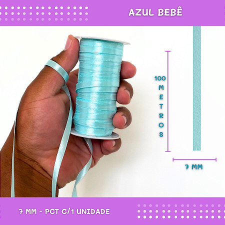Fita de Cetim Lisa - 7mm - Rolo C/100 Metros COR: AZUL-BEBE
