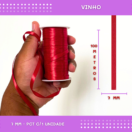 Fita de Cetim Lisa - 7mm - Rolo C/100 Metros COR: VINHO