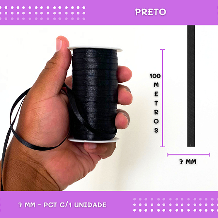 Fita de Cetim Lisa - 7mm - Rolo C/100 Metros COR: PRETO