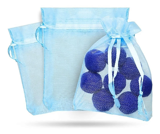 Kit 100 Saco De Organza P/ Lembrancinha - 13x18 - C/ Fita De Cetim Cor:Azul-Bebe-177