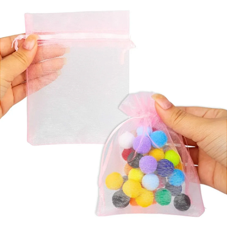 Kit 100 Saco De Organza P/ Lembrancinha - 9x12 - C/ Fita De Cetim Cor:Rosa-Bebe-132