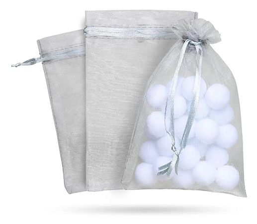 Kit 100 Saco De Organza P/ Lembrancinha - 9x12 - C/ Fita De Cetim Cor:Prata
