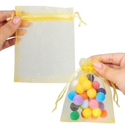 Kit 100 Saco De Organza P/ Lembrancinha - 9x12 - C/ Fita De Cetim Cor:Ouro