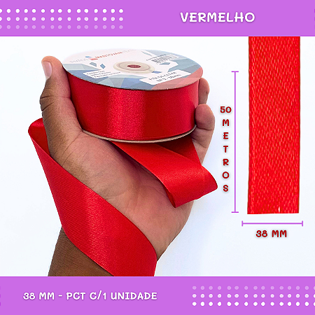 Fita de Cetim Lisa - 38mm - Rolo C/50 Mts COR:VERMELHO