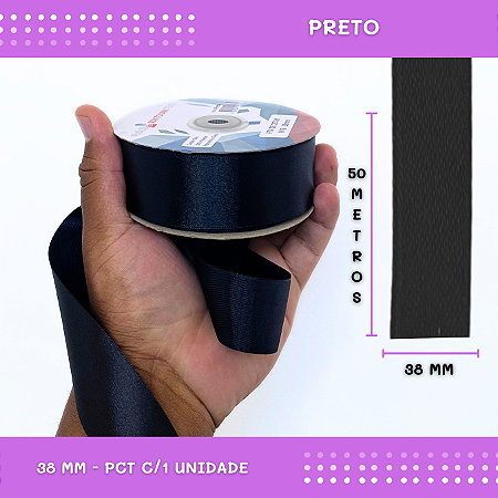Fita de Cetim Lisa - 38mm - Rolo C/50 Mts COR:PRETO