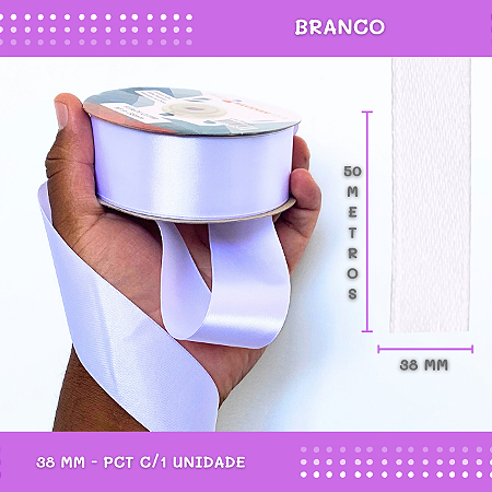 Fita de Cetim Lisa - 38mm - Rolo C/50 Mts COR:BRANCO