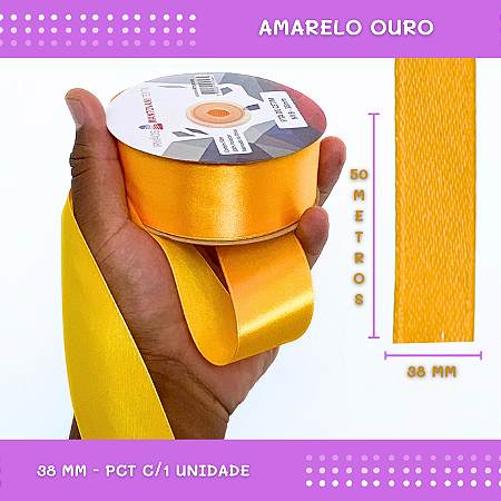 Fita de Cetim Lisa - 38mm - Rolo C/50 Mts COR:AMARELO-OURO