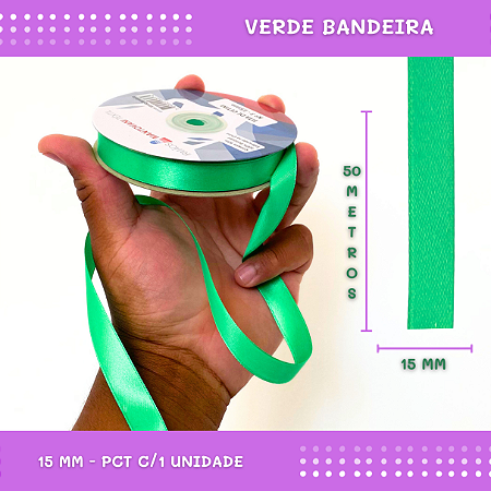 Fita de Cetim Lisa - 15mm - Rolo C/50 Mts COR:VERDE-BANDEIRA