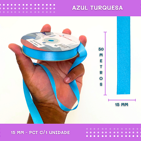 Fita de Cetim Lisa - 15mm - Rolo C/50 Mts COR:AZUL-TURQUESA