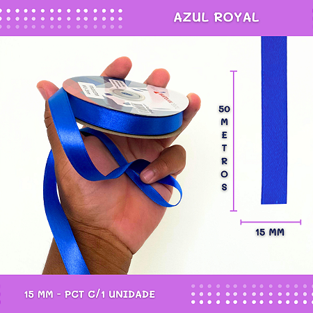 Fita de Cetim Lisa - 15mm - Rolo C/50 Mts COR:AZUL-ROYAL
