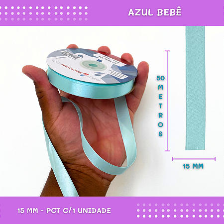 Fita de Cetim Lisa - 15mm - Rolo C/50 Mts COR:AZUL-BEBE