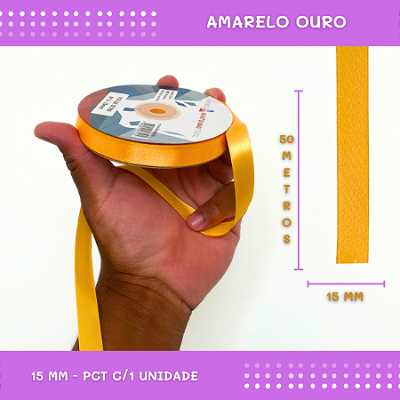 Fita de Cetim Lisa - 15mm - Rolo C/50 Mts COR:AMARELO-OURO