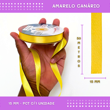 Fita de Cetim Lisa - 15mm - Rolo C/50 Mts COR:AMARELO-CANARIO