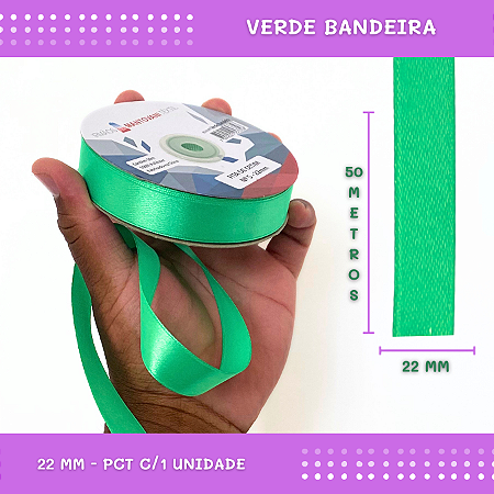 Fita de Cetim Lisa - 22mm - Rolo C/50 Mts COR:VERDE-BANDEIRA
