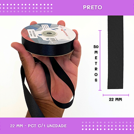 Fita de Cetim Lisa - 22mm - Rolo C/50 Mts COR:PRETO